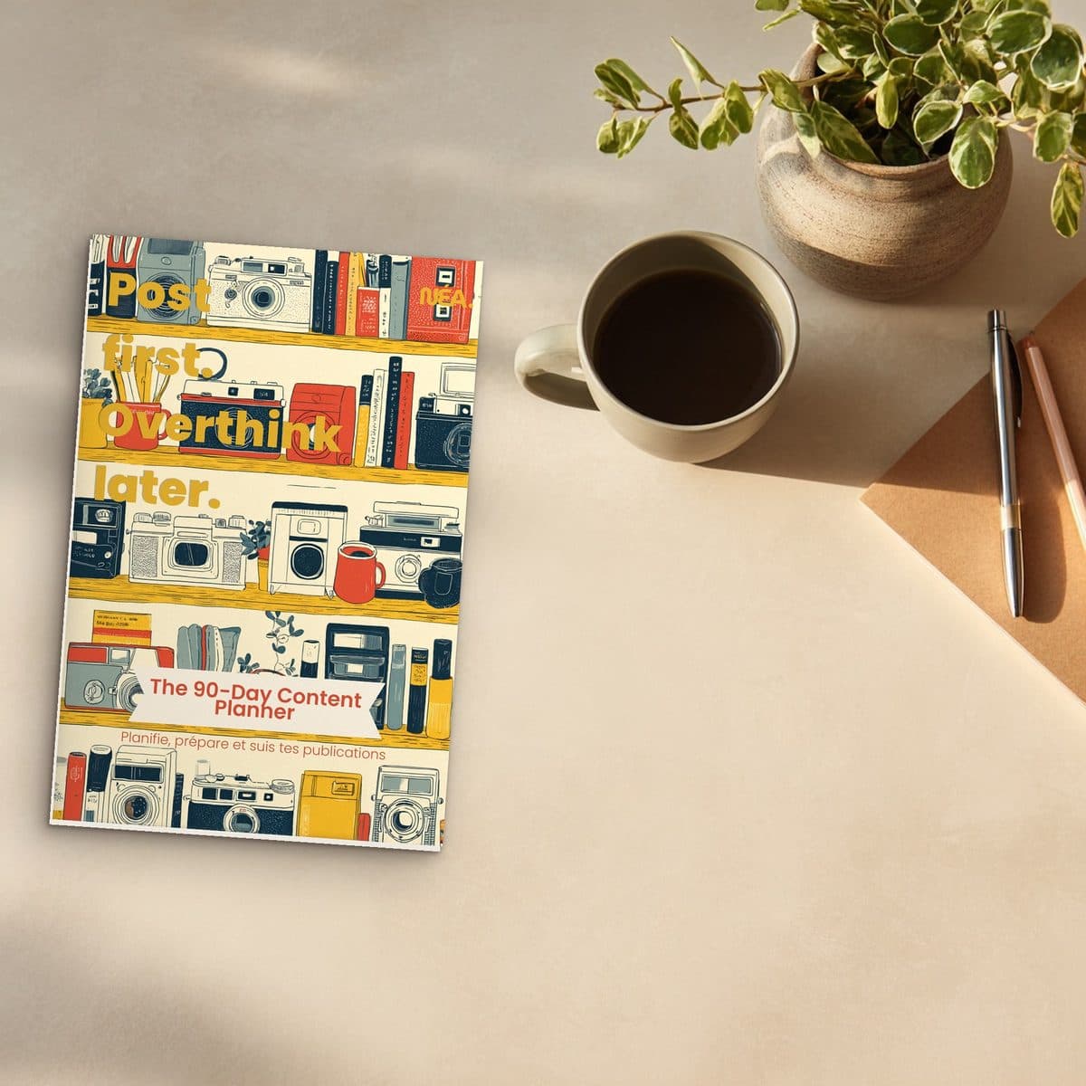 Planner de contenu sur 90 jours ouvert sur un bureau