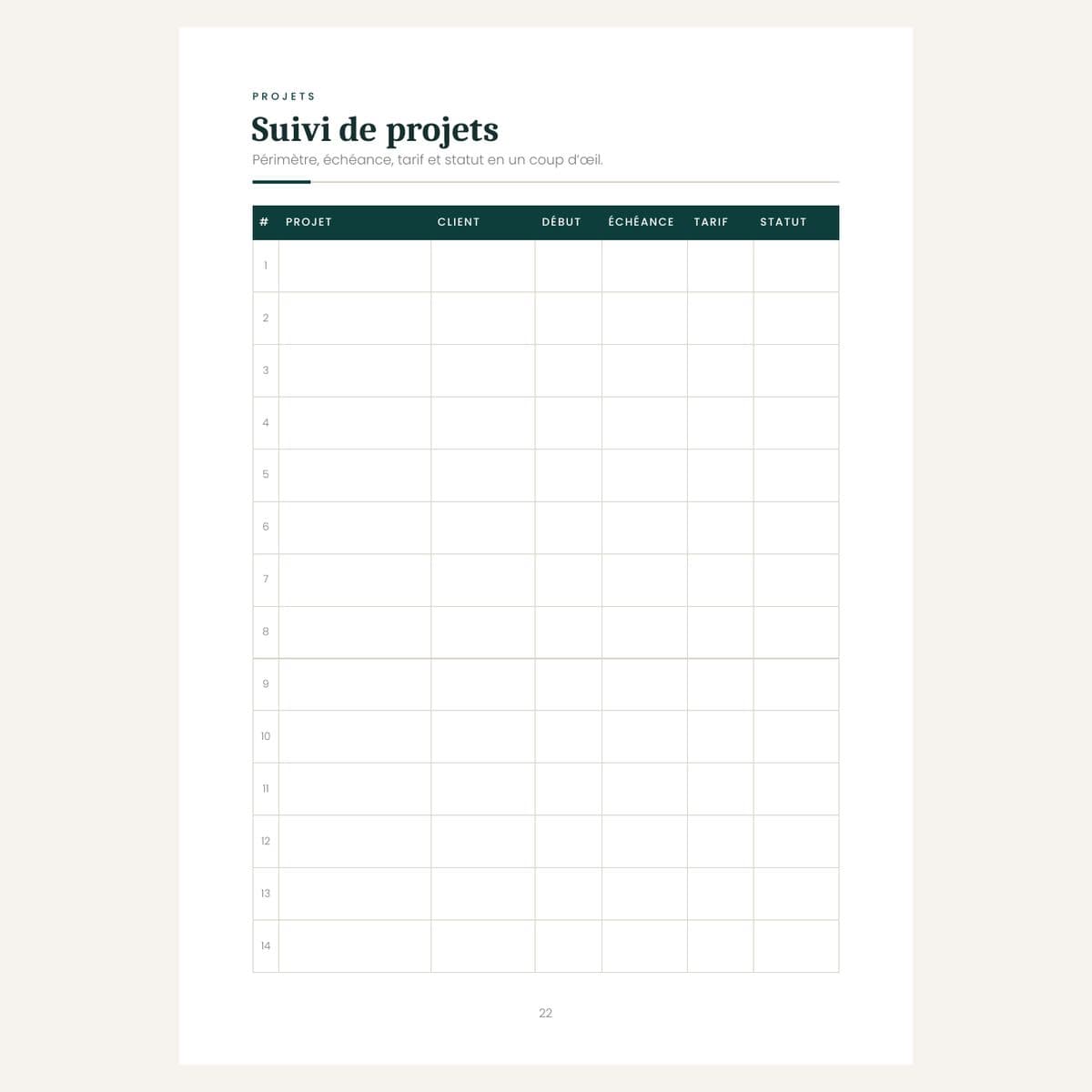Pages de suivi de projets et de suivi des factures du carnet