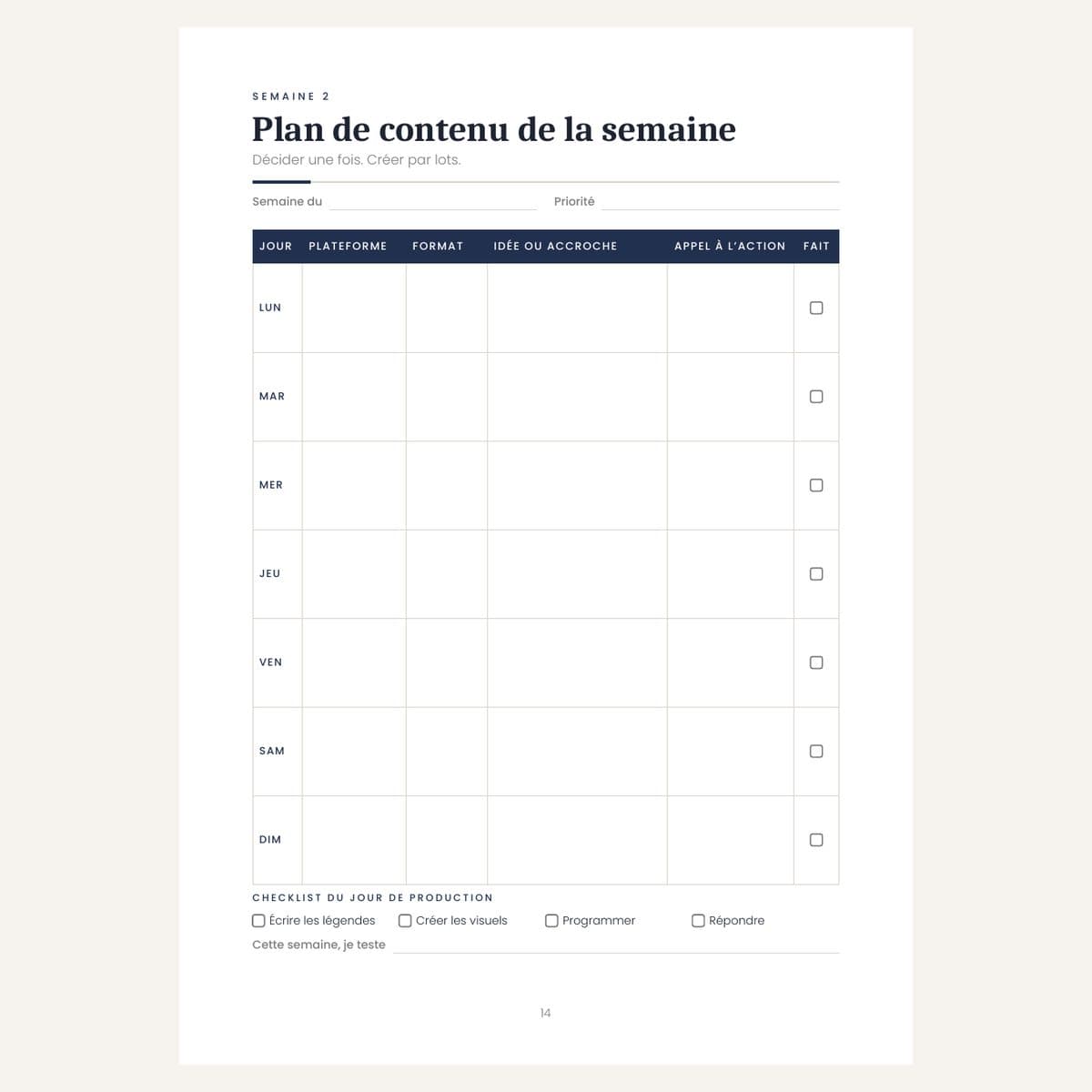 Plan de contenu de la semaine du 90-Day Content Planner